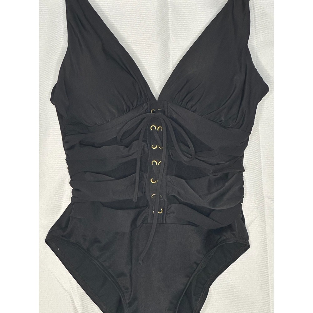 Miraclesuit Ansonia Black Mesh Lace Up One Piece Swimsuit Tummy Control Sz 14 - Picture 3 of 6